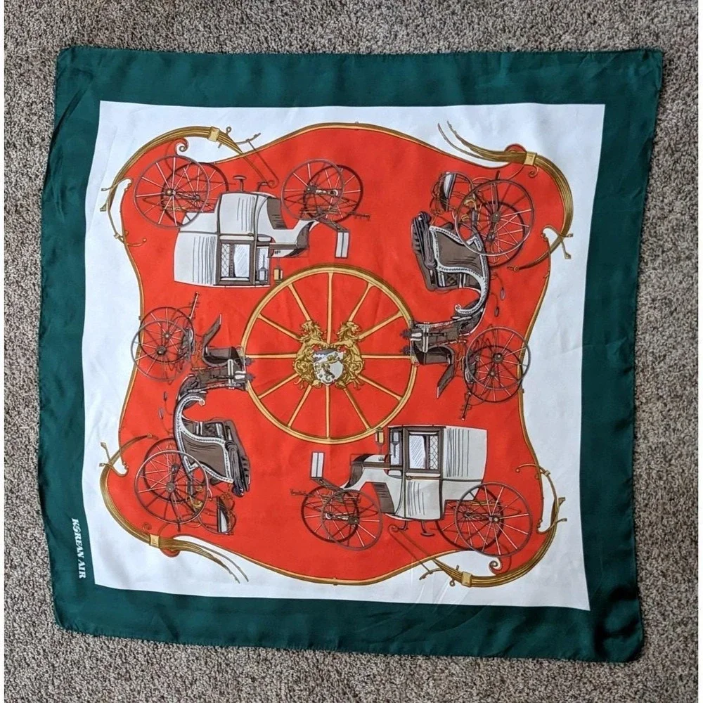 Korean Air Vintage 1980s‎ Equestrian Carriage Print Square Scarf Red Green 34